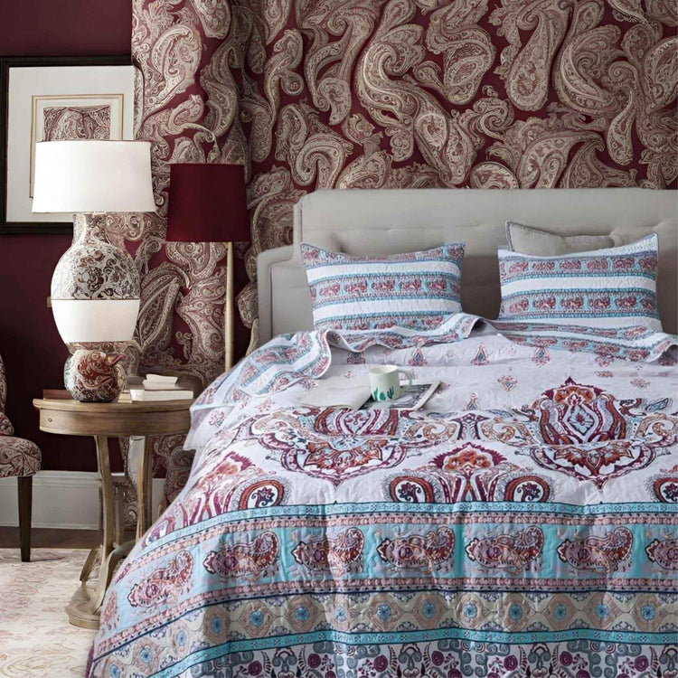 DaDa Bedding Bohemian Summertime White Blue Floral Paisley Bedspread Set (KSX-003) - GiFTiFY