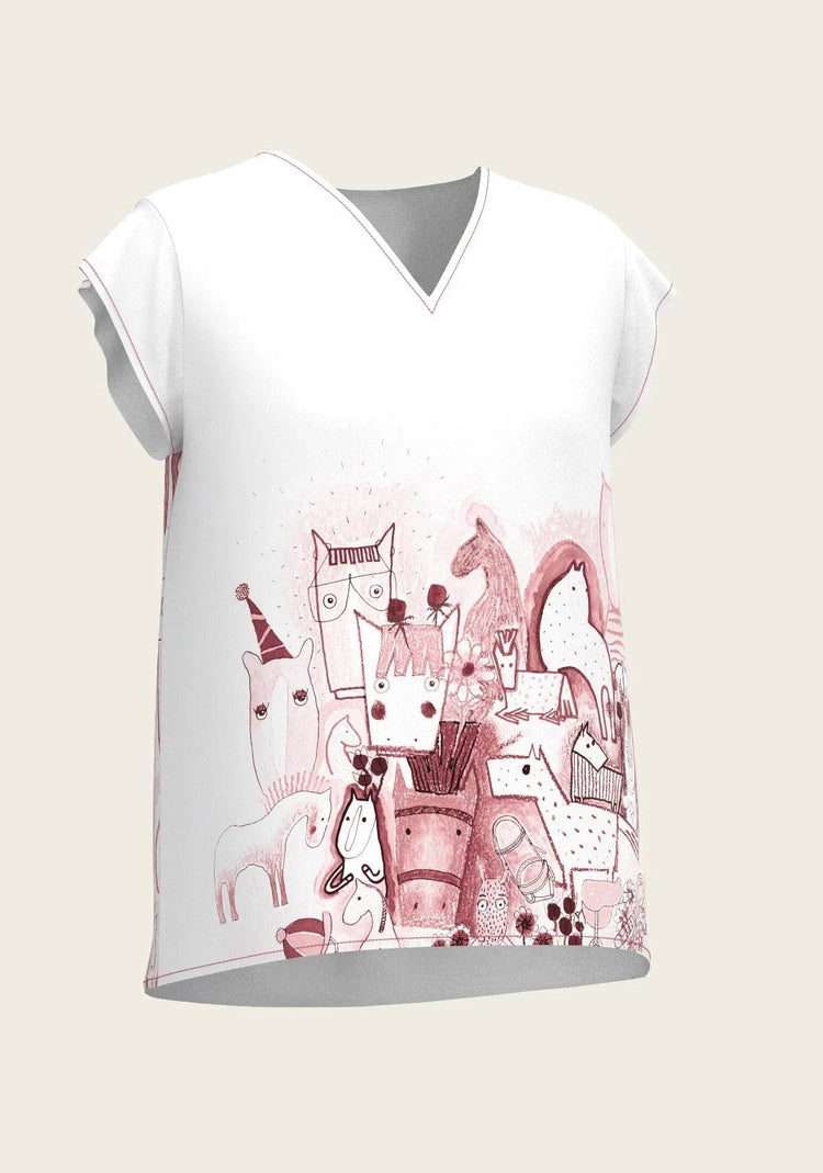 The Horse Fair in Rose Loose Fitting V Neck Shirt - GiFTiFY