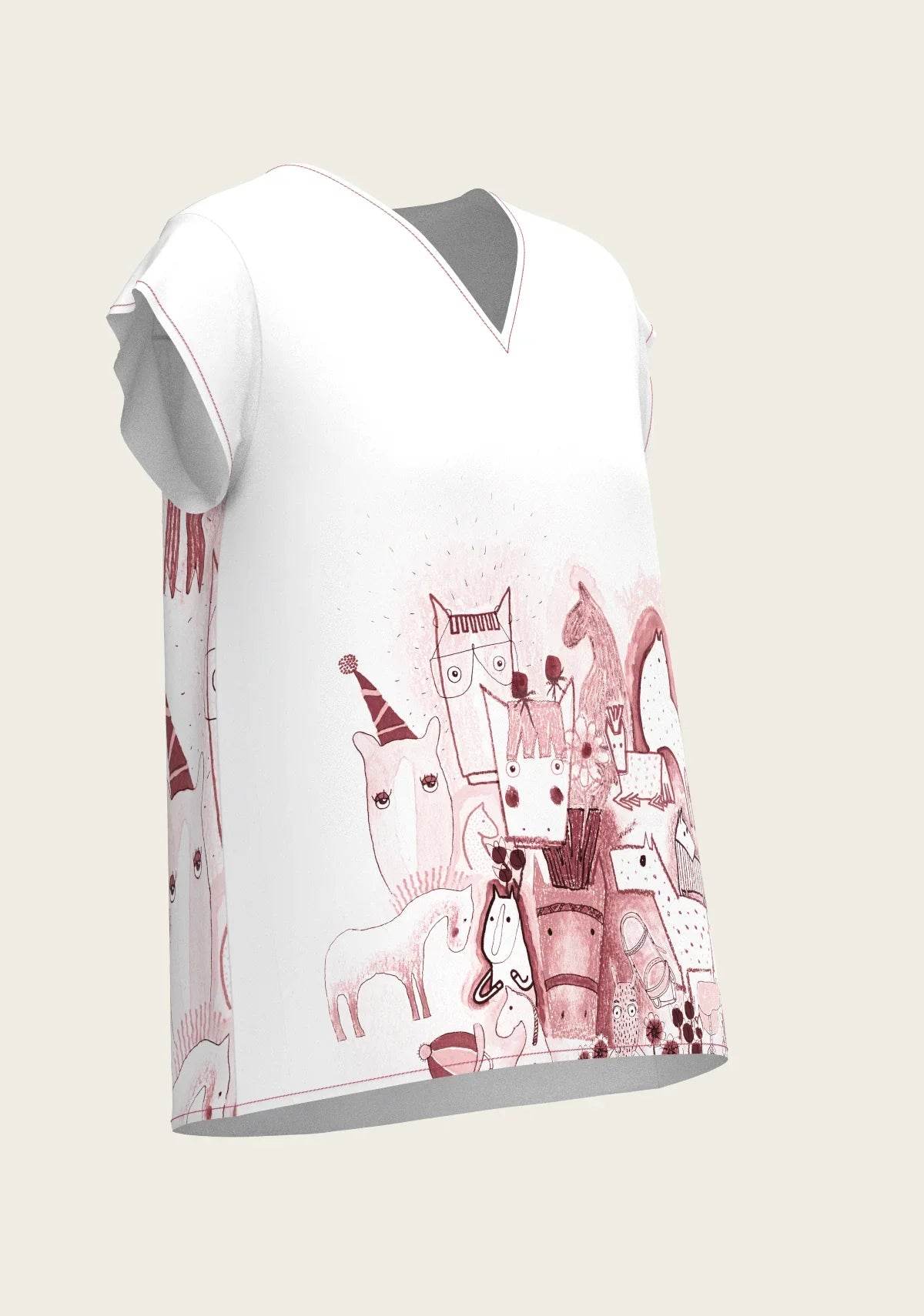 The Horse Fair in Rose Loose Fitting V Neck Shirt - GiFTiFY