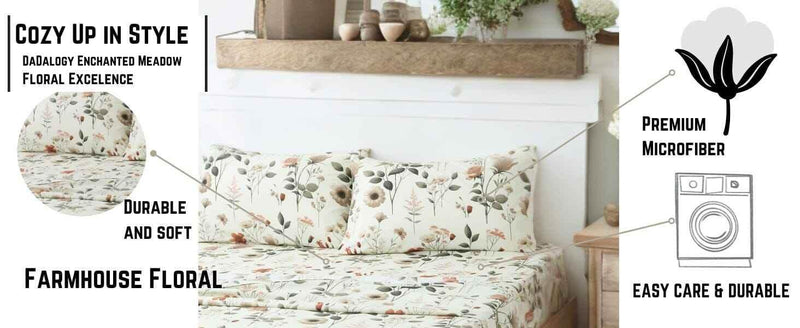 DaDalogy Enchanted Meadow Bed Sheet Set - Floral Harmony in Beige, Rose, and Soft Green, Premium Soft Microfiber, Machine Washable, Deep Pocket 14 - 15 Inches + Flat Sheet Bed Sheets by DaDalogy Bedding Collection