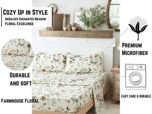 DaDalogy Enchanted Meadow Bed Sheet Set - Floral Harmony in Beige, Rose, and Soft Green, Premium Soft Microfiber, Machine Washable, Deep Pocket 14 - 15 Inches + Flat Sheet Bed Sheets by DaDalogy Bedding Collection