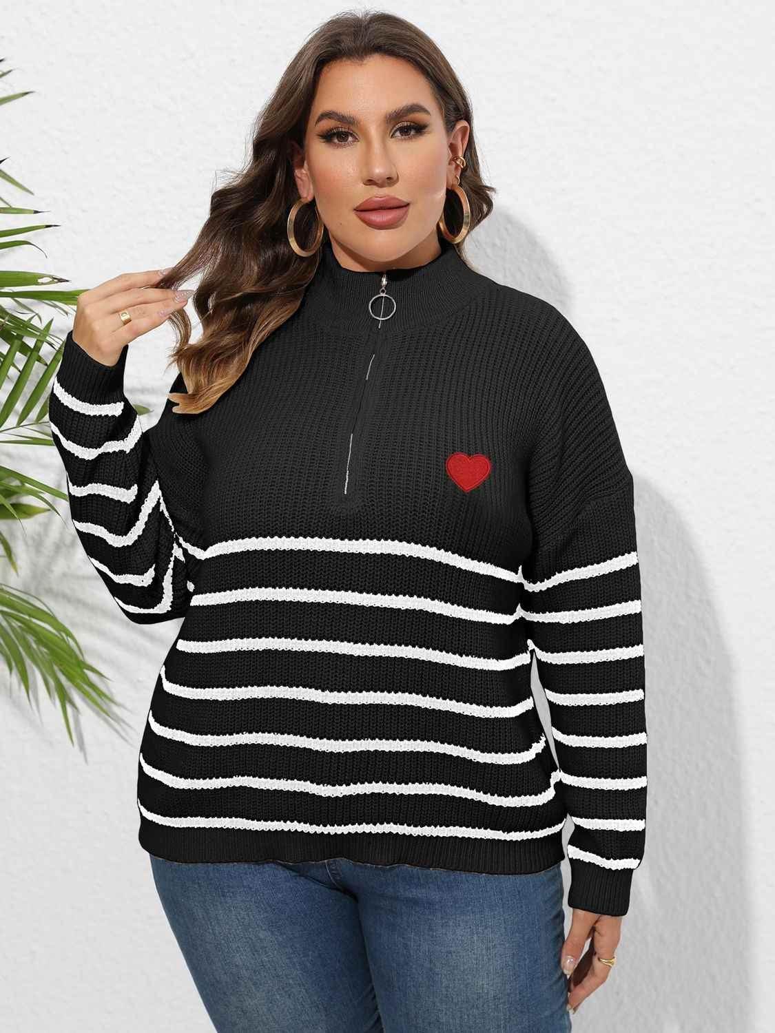 Plus Size Zip-Up Striped Sweater - GiFTiFY
