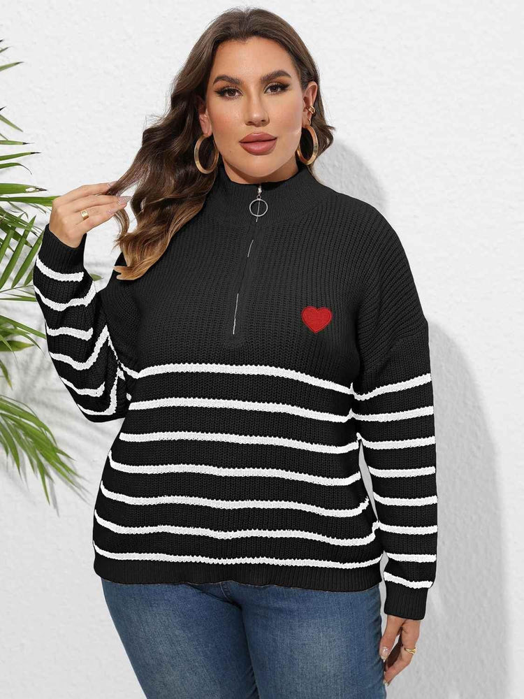 Plus Size Zip-Up Striped Sweater - GiFTiFY