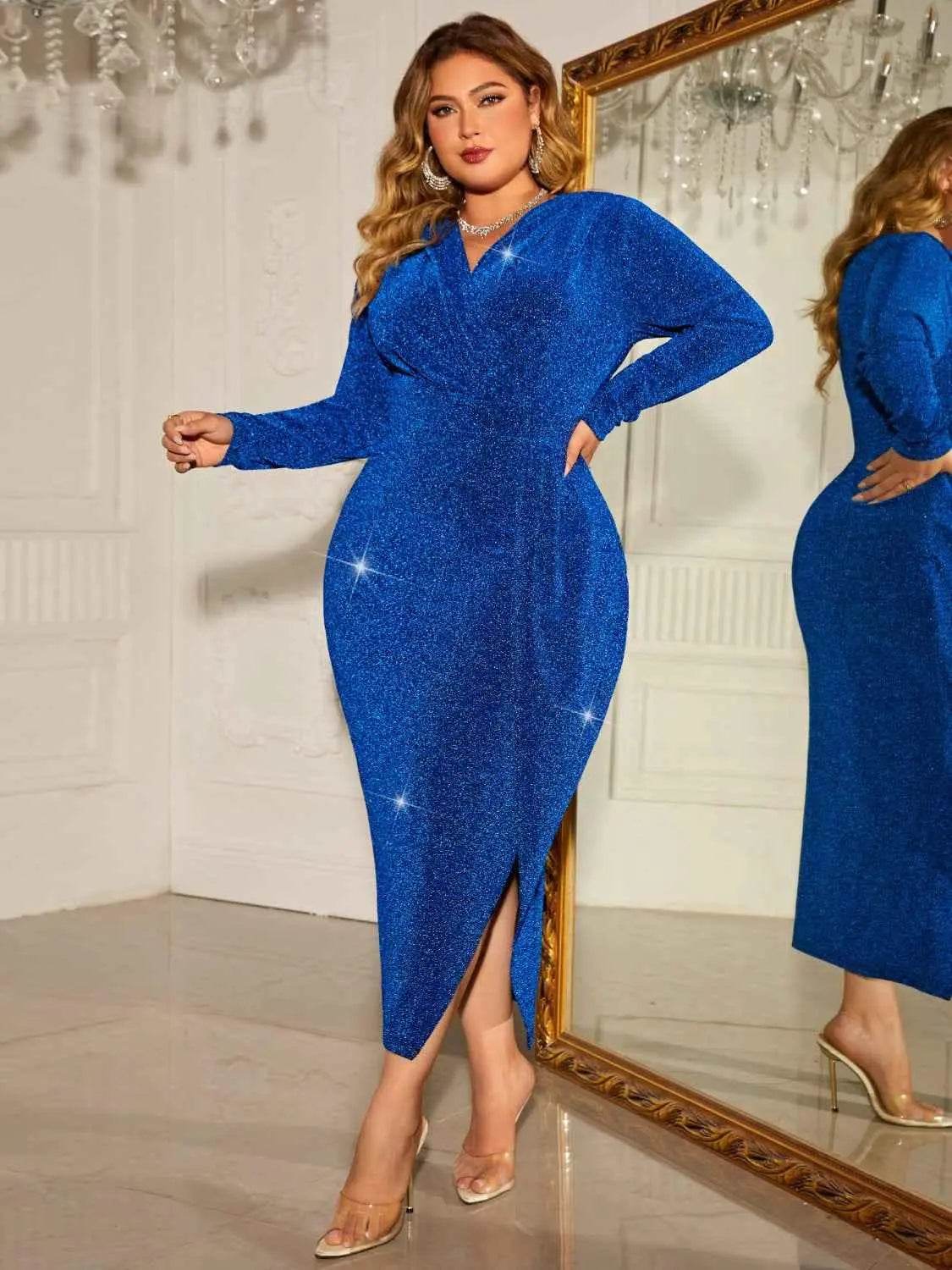Honey Plus Size Surplice Neck Slit Dress - GiFTiFY