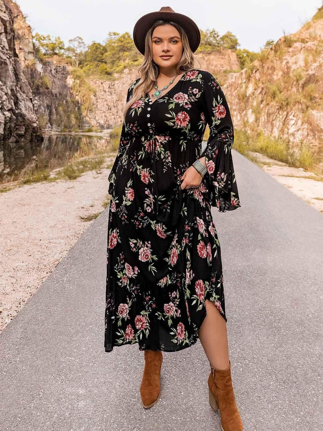 Plus Size Floral Flare Sleeve Dress - GiFTiFY