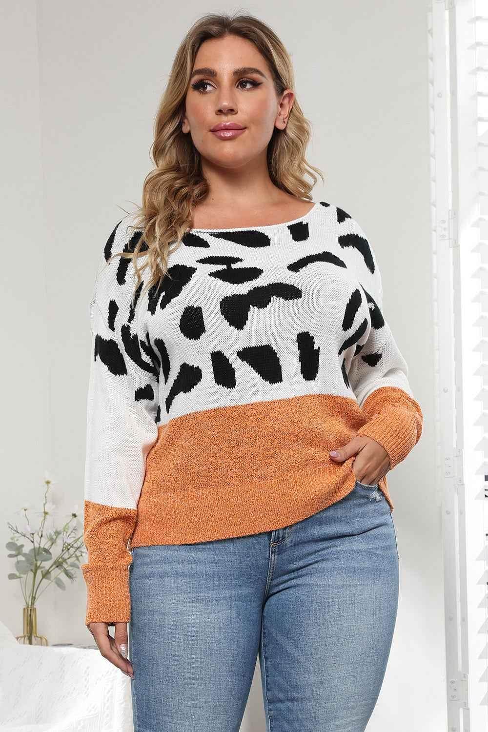 Plus Size Leopard Round Neck Long Sleeve Sweater - GiFTiFY