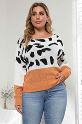 Plus Size Leopard Round Neck Long Sleeve Sweater - GiFTiFY