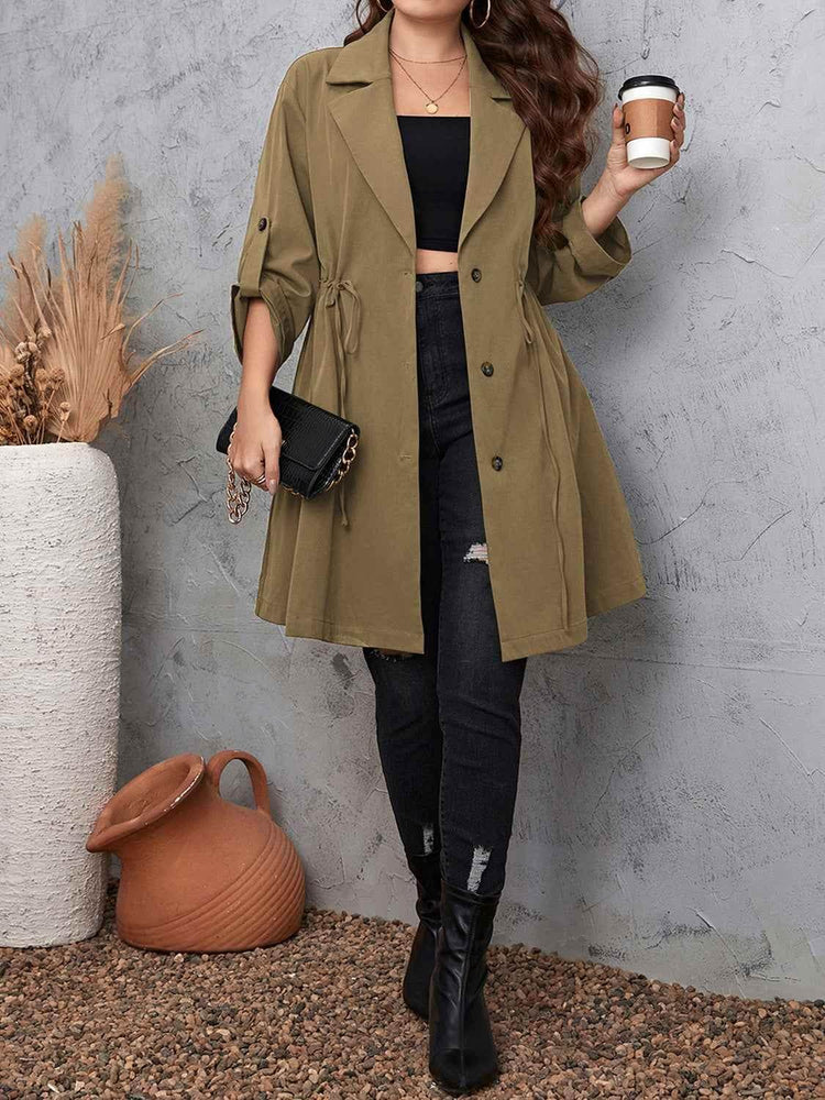 Honey Plus Size Lapel Collar Drawstring Roll-Tab Sleeve Trench Coat - GiFTiFY