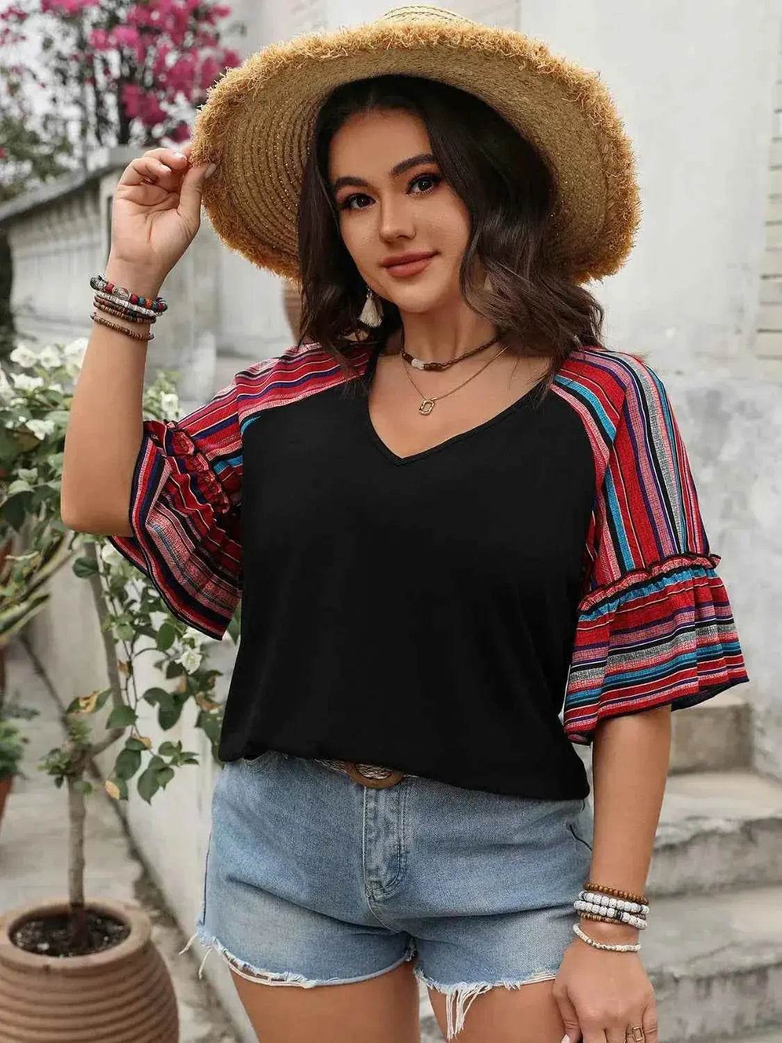Plus Size V-Neck Flounce Sleeve Top - GiFTiFY