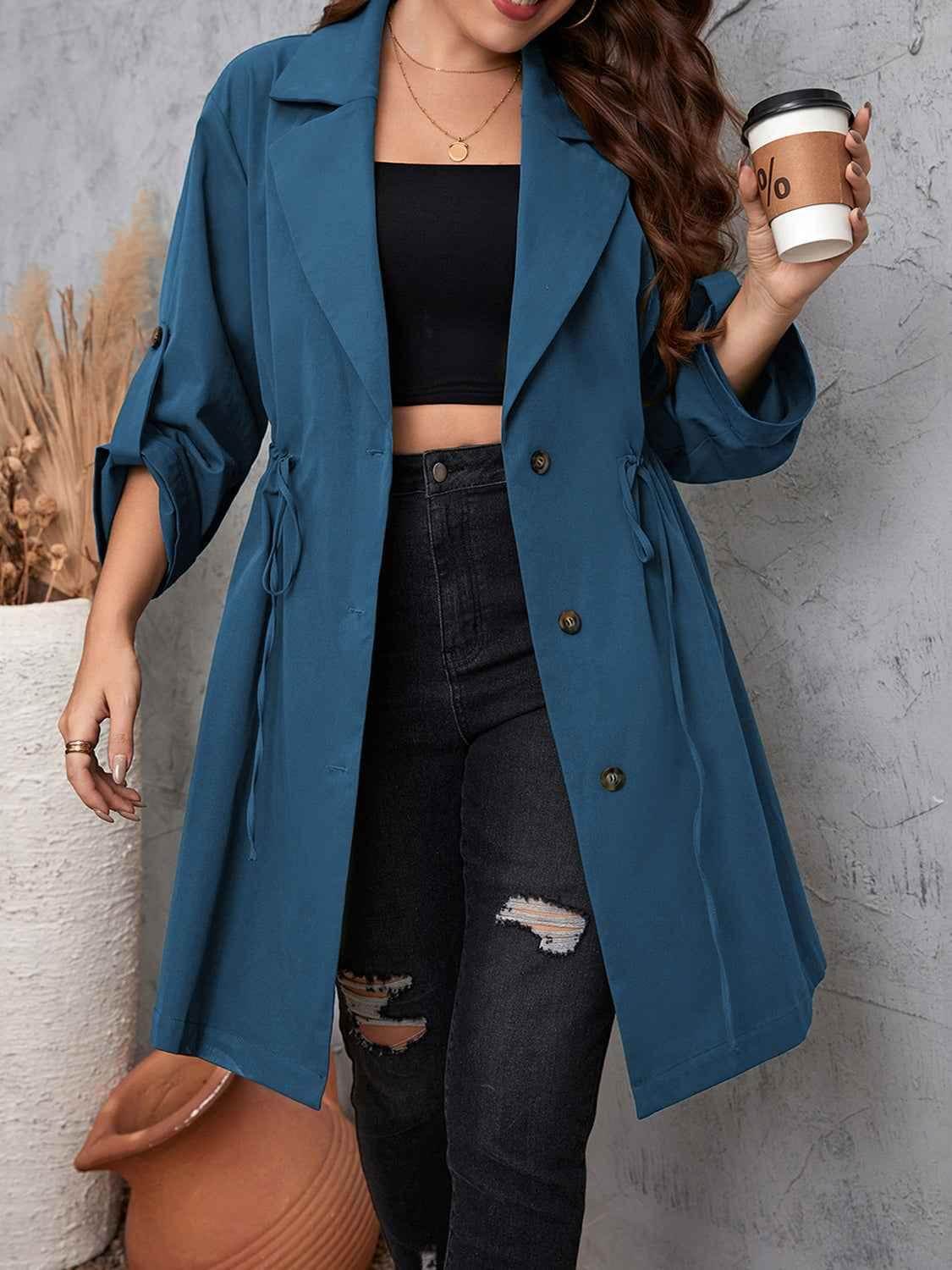 Honey Plus Size Lapel Collar Drawstring Roll-Tab Sleeve Trench Coat - GiFTiFY