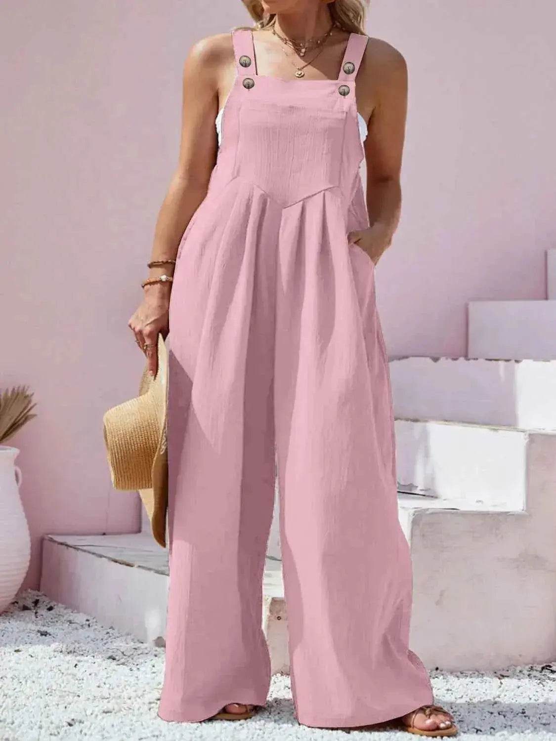Plus Size Square Neck Wide Leg Overalls - GiFTiFY