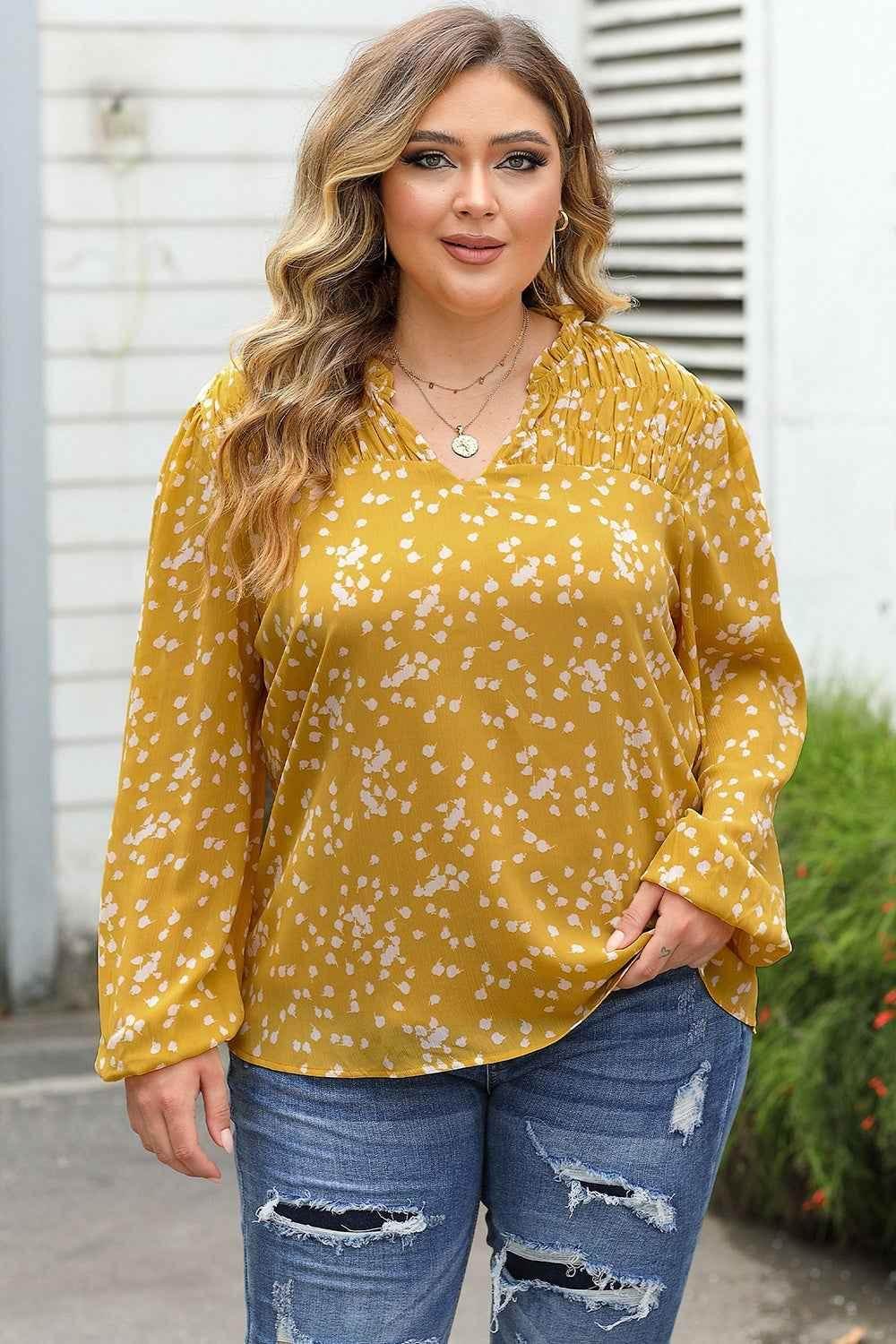 Plus Size Notched Neck Smocked Blouse - GiFTiFY