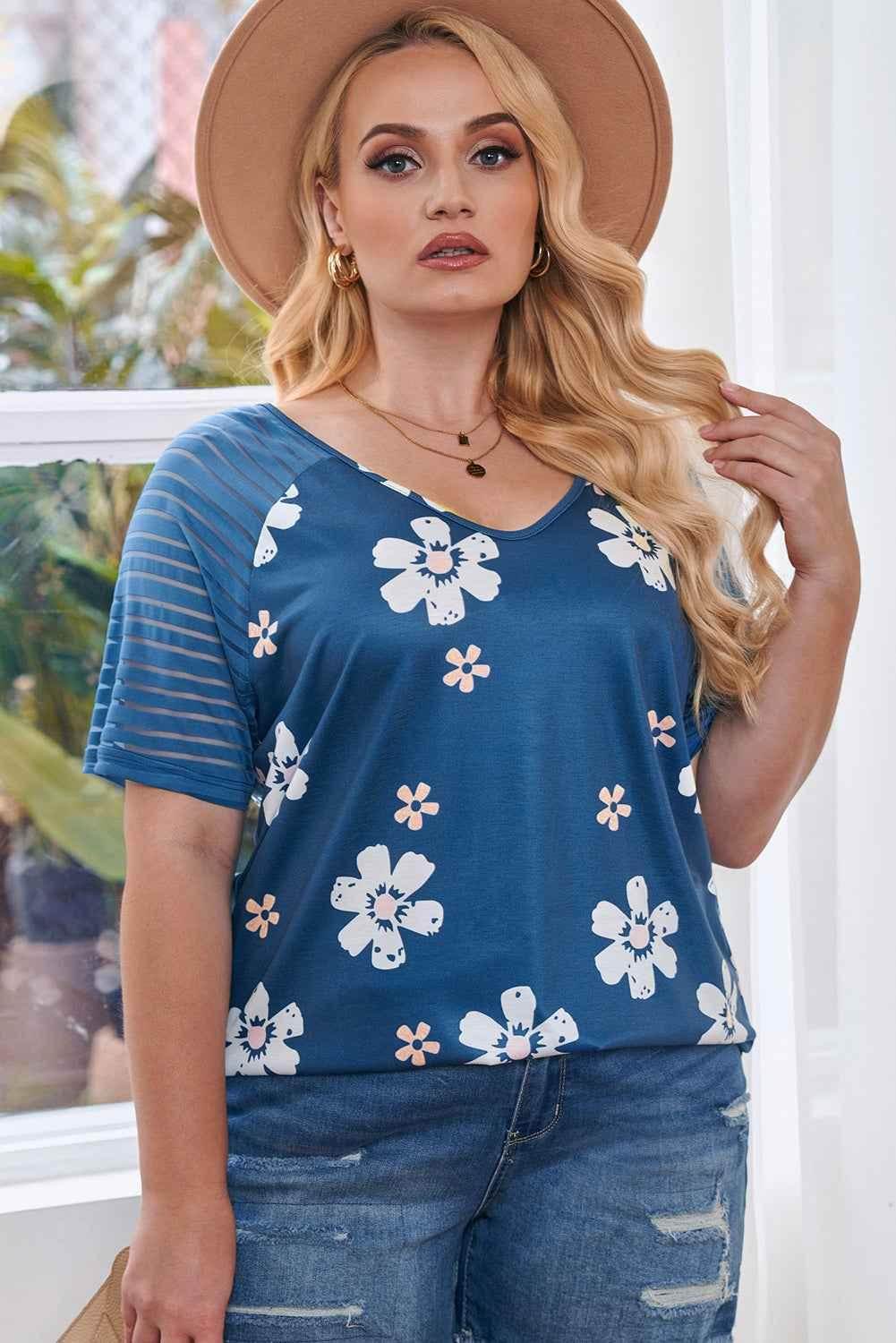Plus Size V-Neck Raglan Sleeve Tee - GiFTiFY