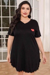 Plus Size Lace Trim V-Neck Short Sleeve Night Dress - GiFTiFY