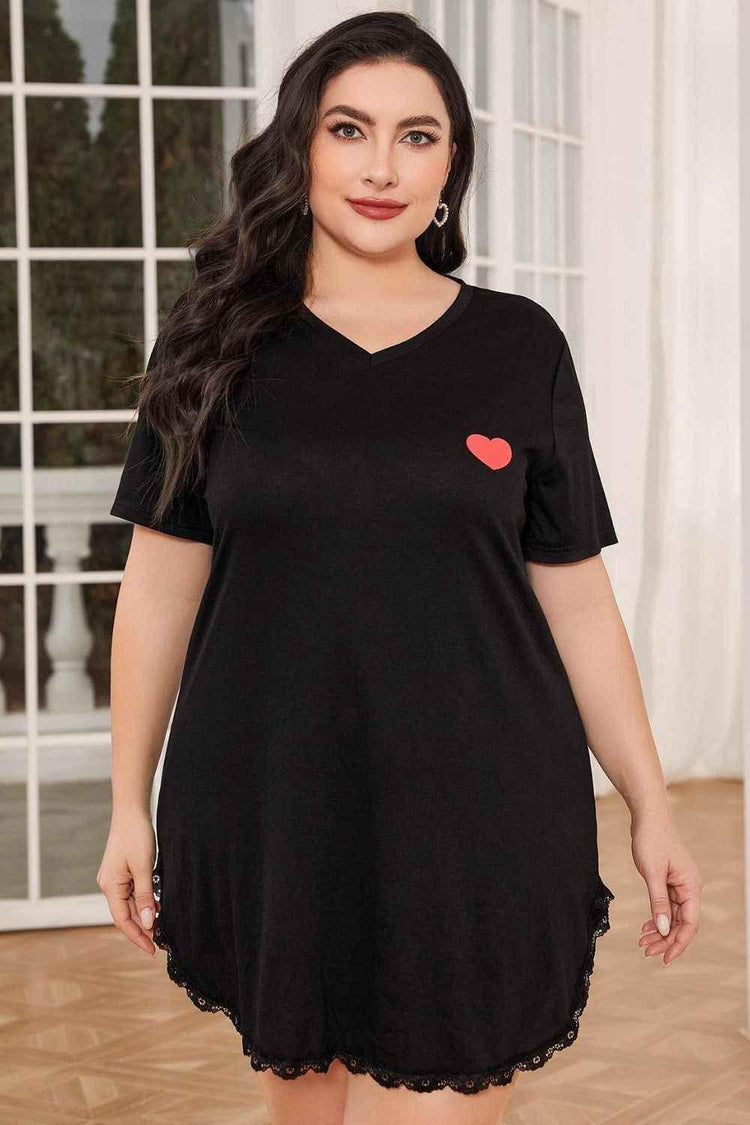 Plus Size Lace Trim V-Neck Short Sleeve Night Dress - GiFTiFY