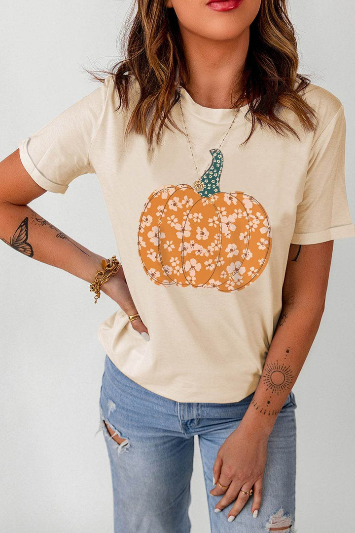 Pumpkin Graphic Round Neck Cuffed T-Shirt - GiFTiFY
