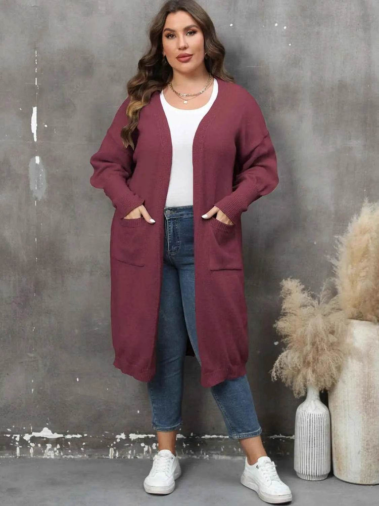 Plus Size Long Sleeve Pocketed Cardigan - GiFTiFY