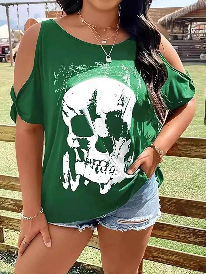 Plus Size Skeleton Graphic Round Neck Cold Shoulder T-Shirt - GiFTiFY