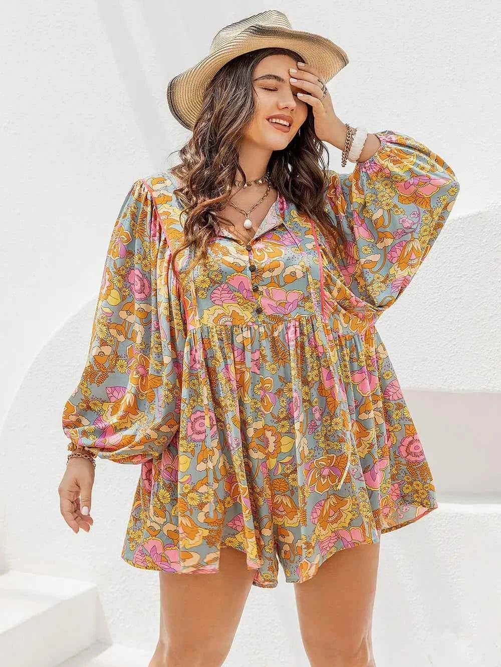 Plus Size Floral Tie Neck Balloon Sleeve Romper - GiFTiFY