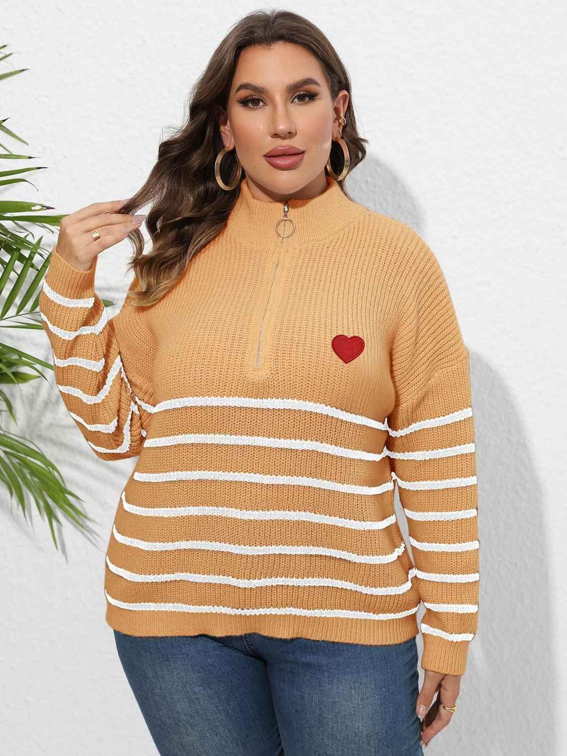 Plus Size Zip-Up Striped Sweater - GiFTiFY