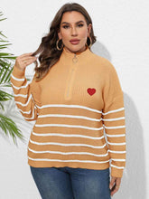 Plus Size Zip-Up Striped Sweater - GiFTiFY