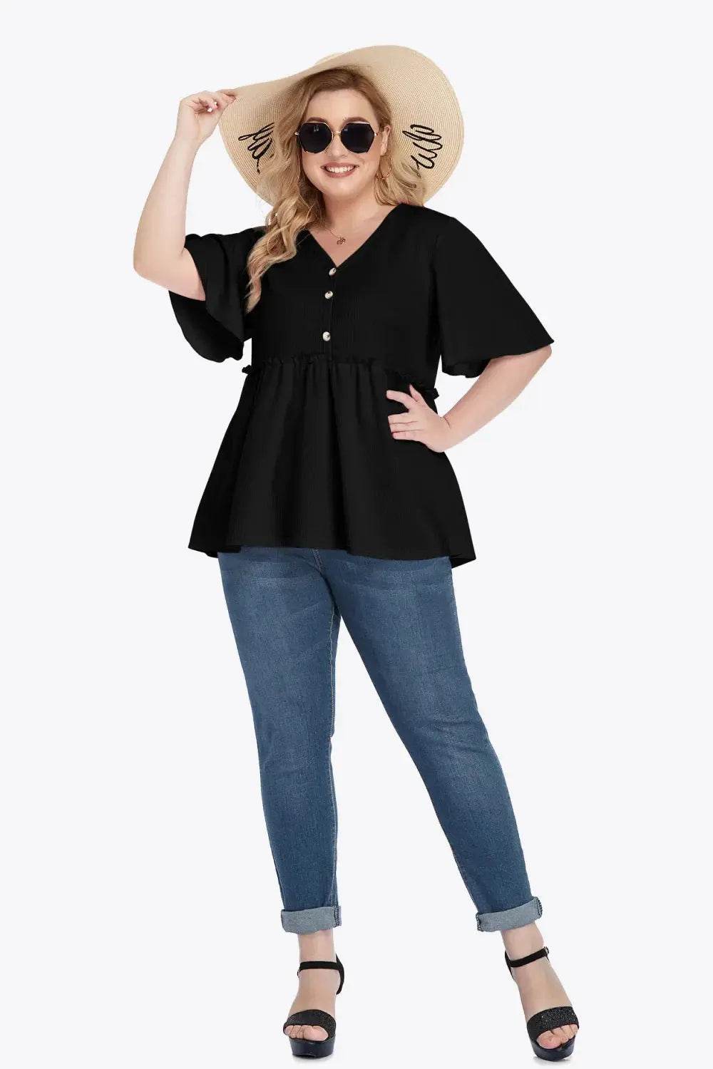 Plus Size Buttoned V-Neck Frill Trim Babydoll Blouse - GiFTiFY