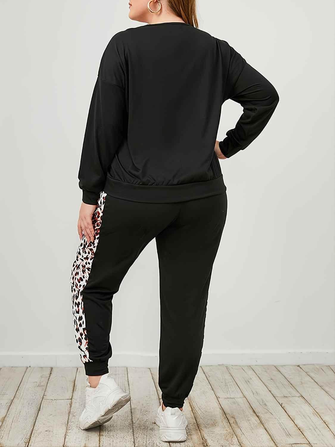 Plus Size Leopard Sweatshirt and Sweatpants Set - GiFTiFY