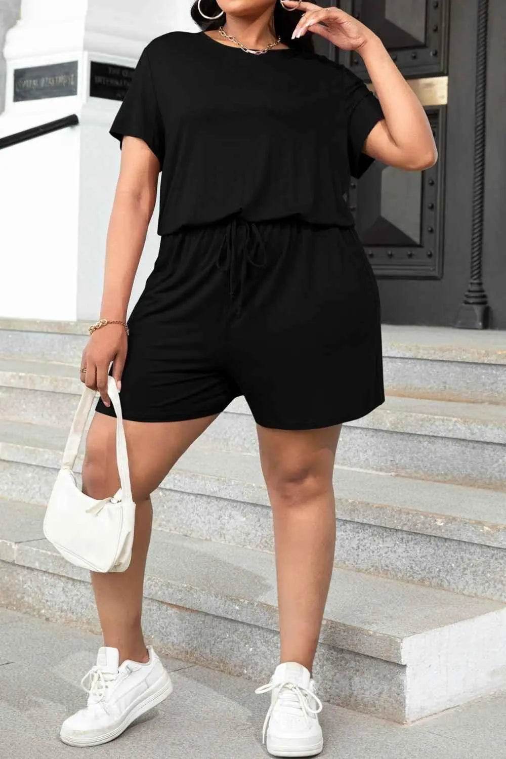 Plus Size Drawstring Waist Romper with Pockets - GiFTiFY