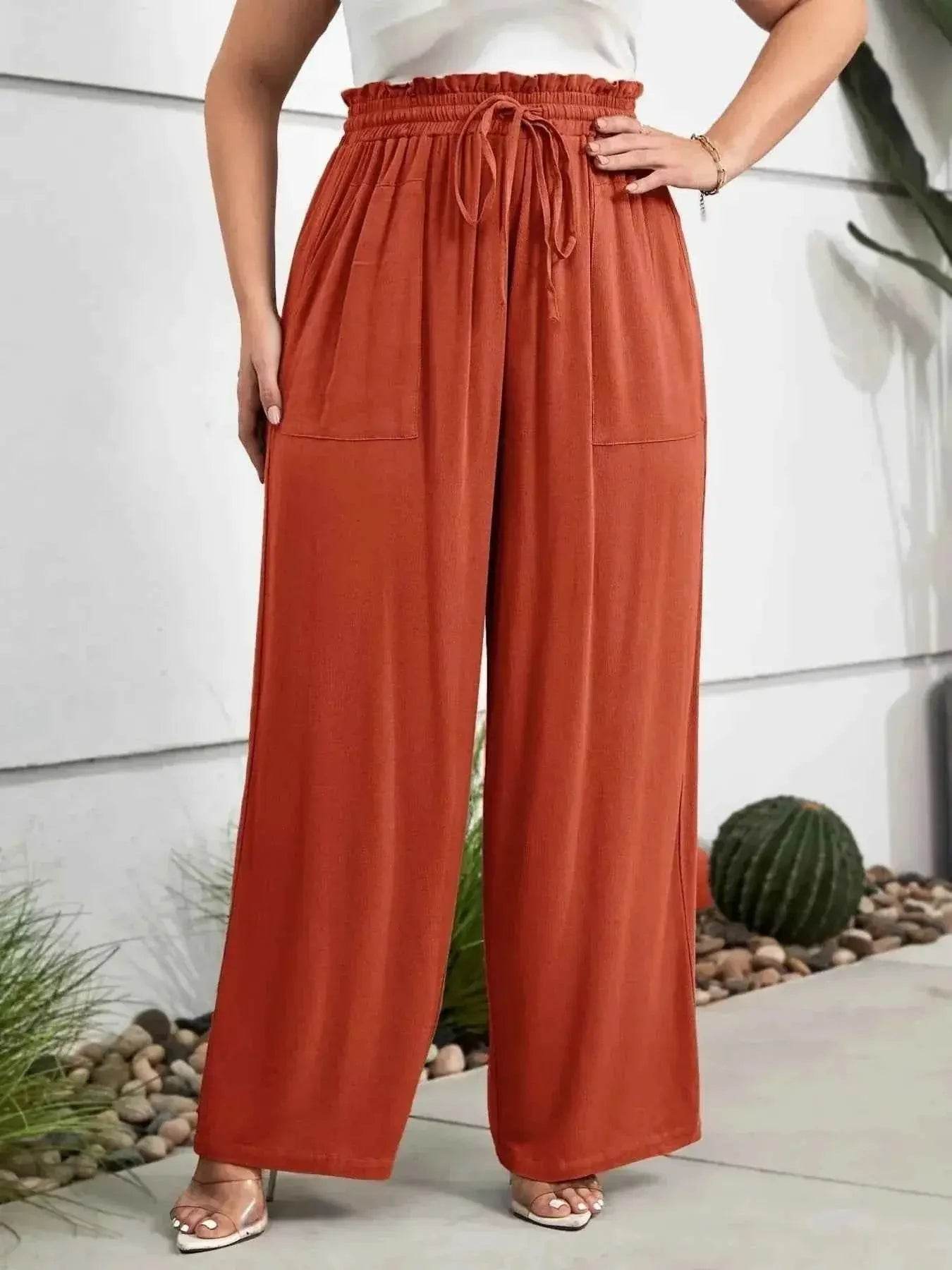 Plus Size High Waist Wide Leg Drawstring Pants - GiFTiFY