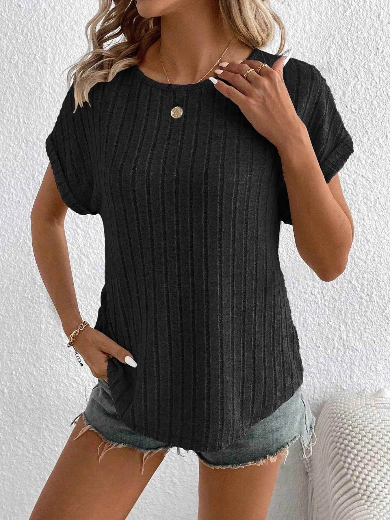 Plus Size Ribbed Texture Short Sleeve T-Shirt - GiFTiFY