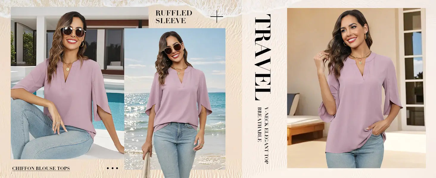 Women’s Summer Tops Short Sleeve Casual Shirts V Neck Chiffon Dressy Blouse Tops