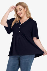 Plus Size Buttoned V-Neck Frill Trim Babydoll Blouse - GiFTiFY