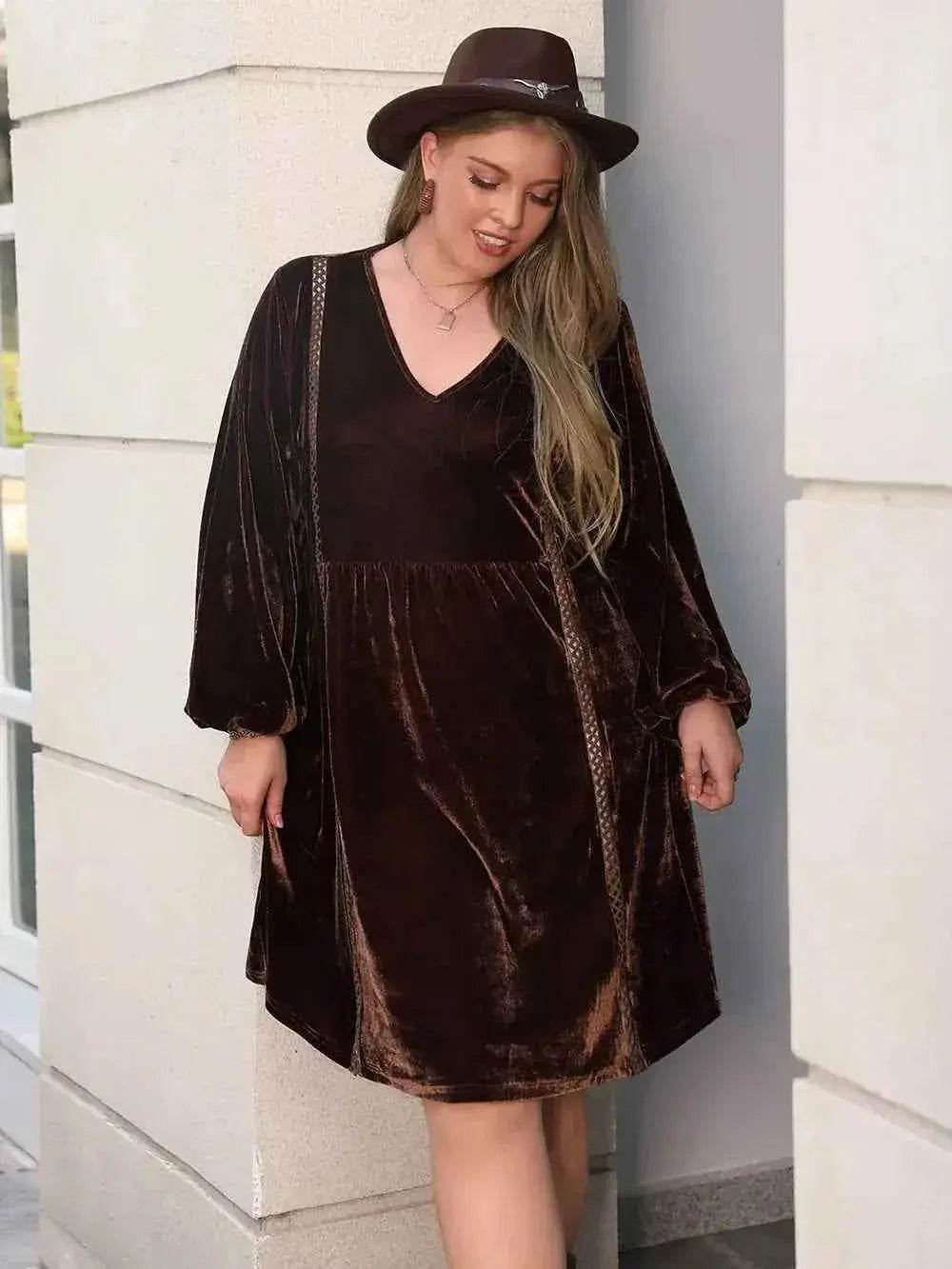 Plus Size V-Neck Balloon Sleeves Dress - GiFTiFY