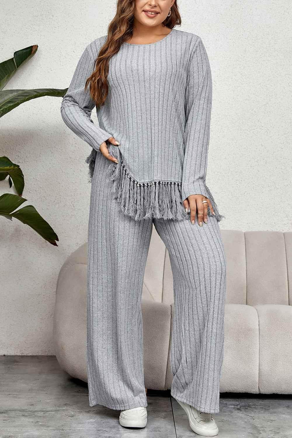 Honey Plus Size Tassel Hem Top and Pants Set women Attire by Trendsi