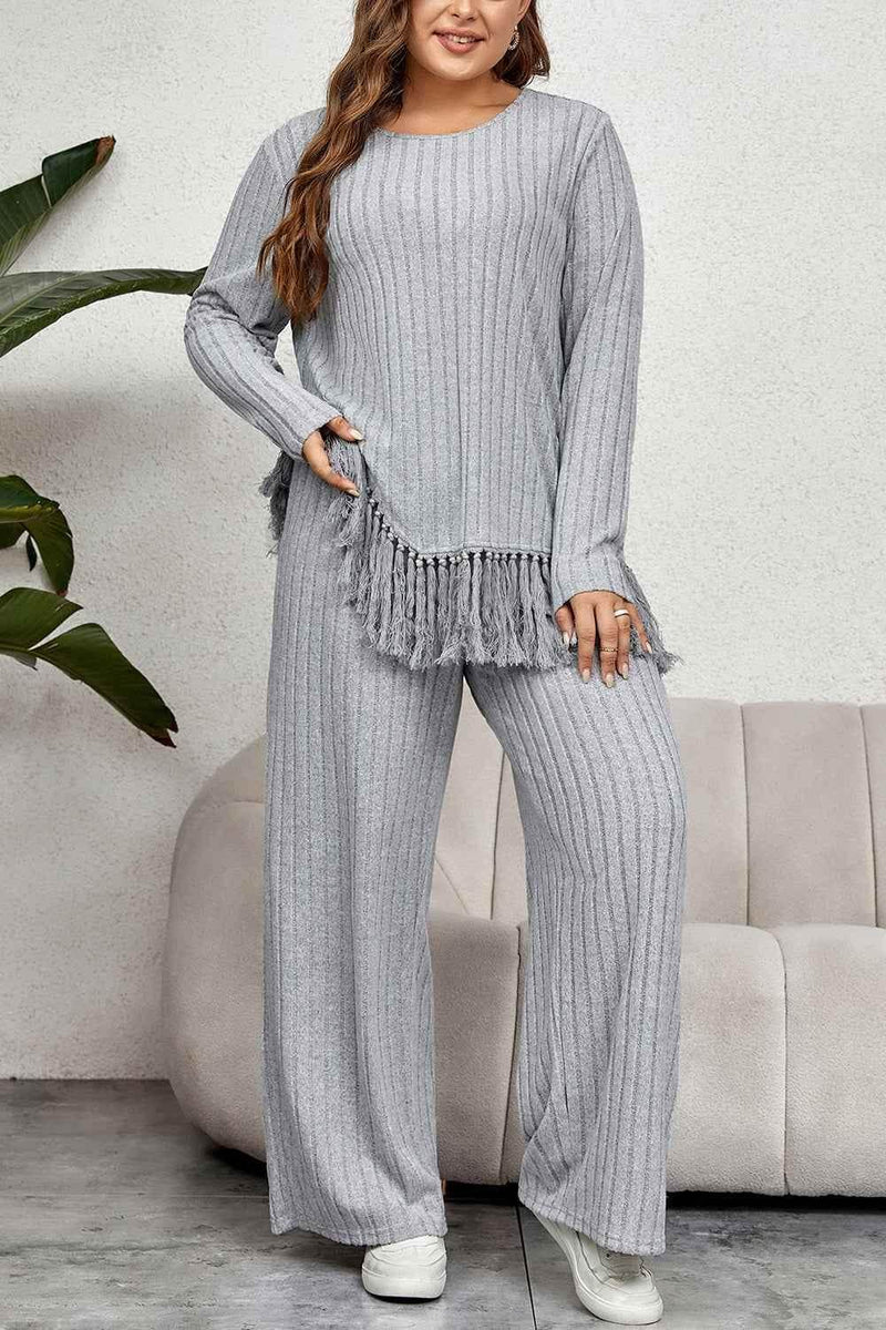 Honey Plus Size Tassel Hem Top and Pants Set women Attire by Trendsi