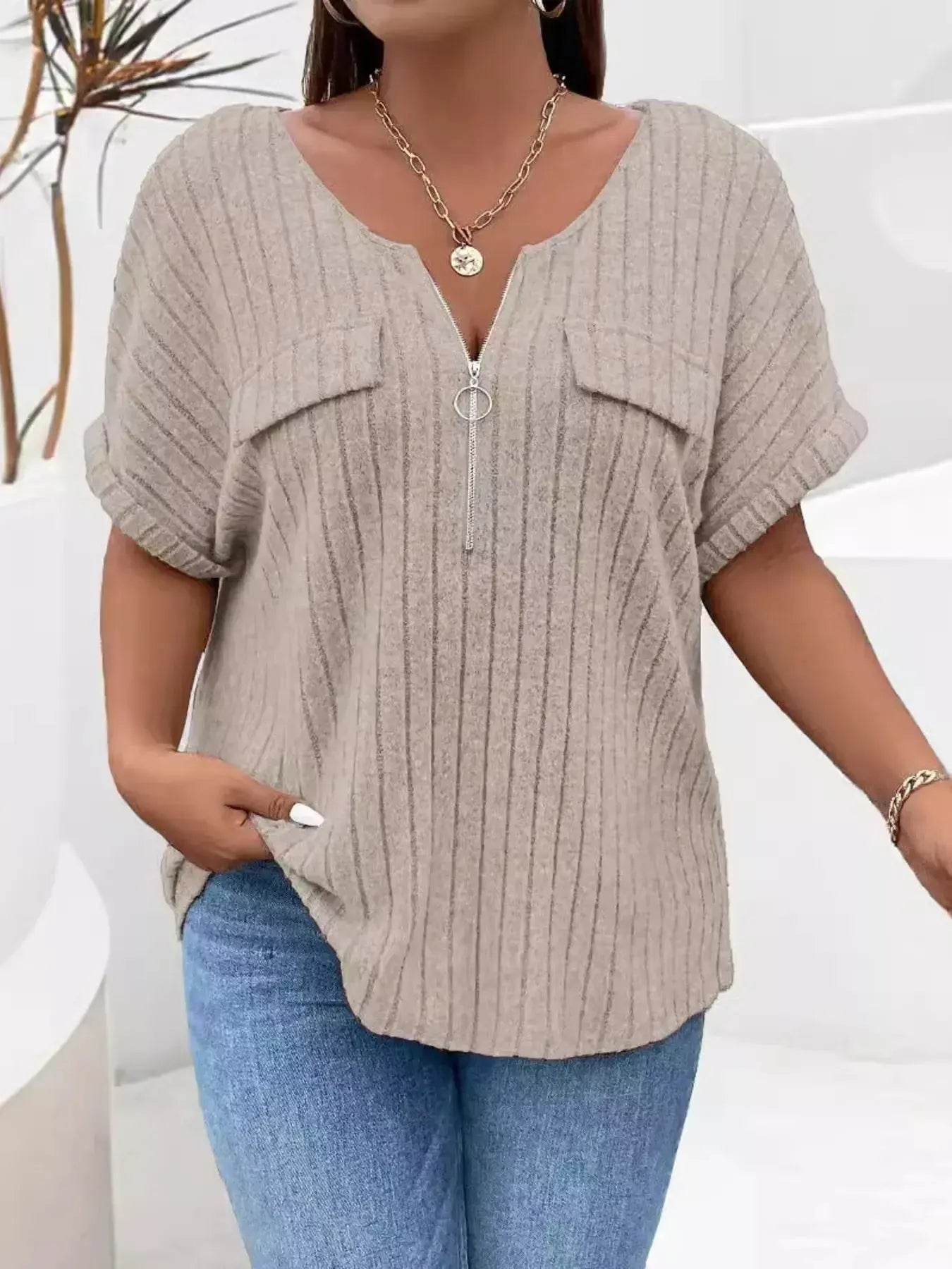 Plus Size Ribbed Half Zip Relaxed Fit T-Shirt - GiFTiFY