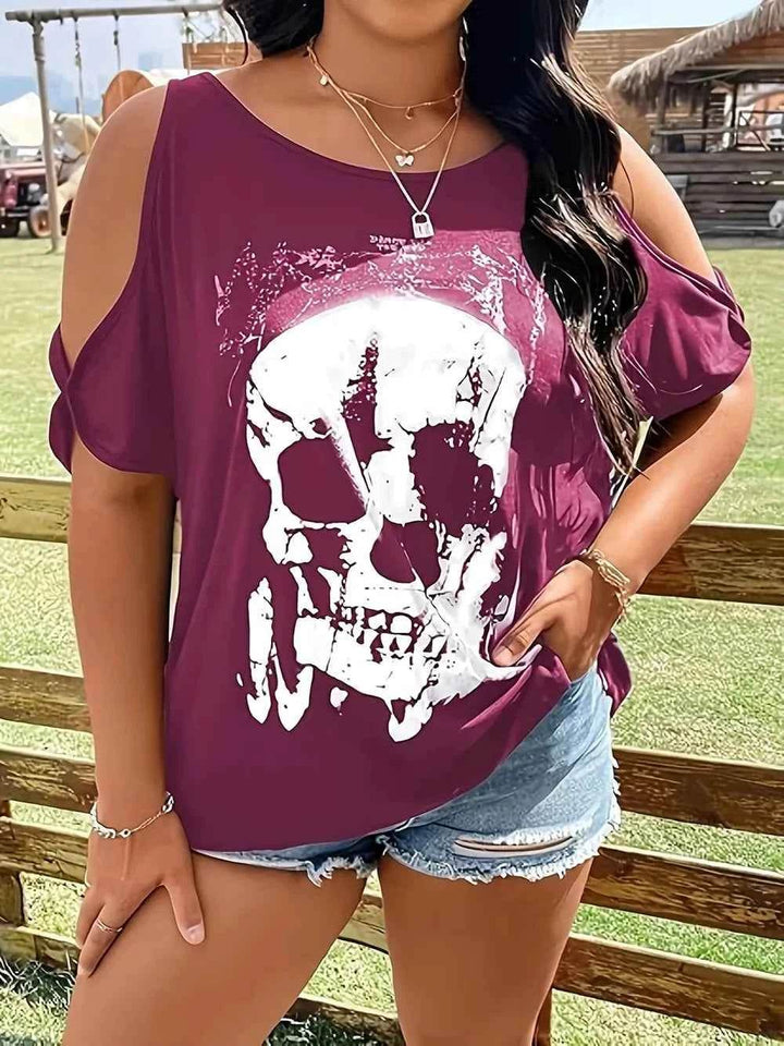 Plus Size Skeleton Graphic Round Neck Cold Shoulder T-Shirt - GiFTiFY