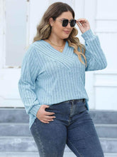 Plus Size Ribbed V-Neck Long Sleeve Top - GiFTiFY
