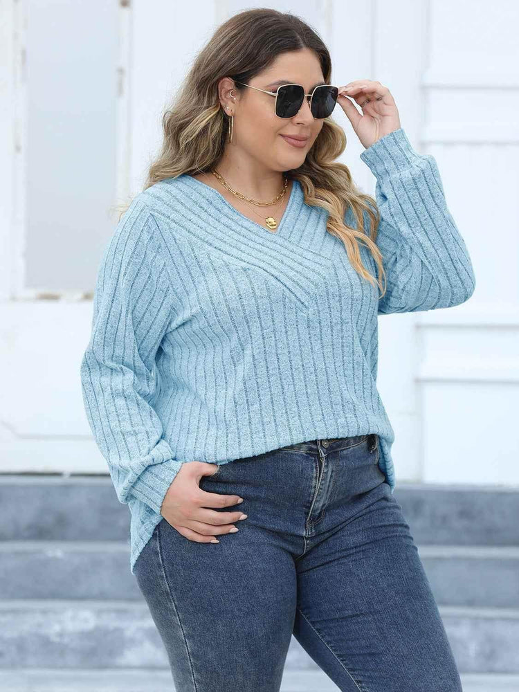 Plus Size Ribbed V-Neck Long Sleeve Top - GiFTiFY