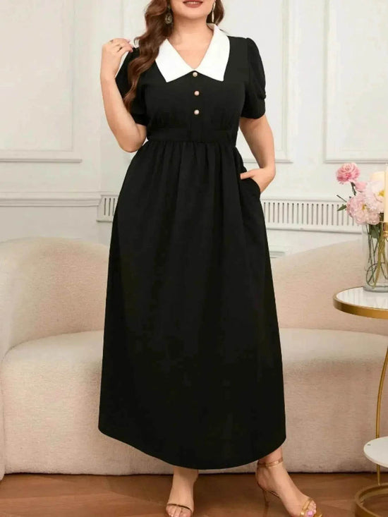 Plus Size Contrast Collar Short Sleeve Dress - GiFTiFY