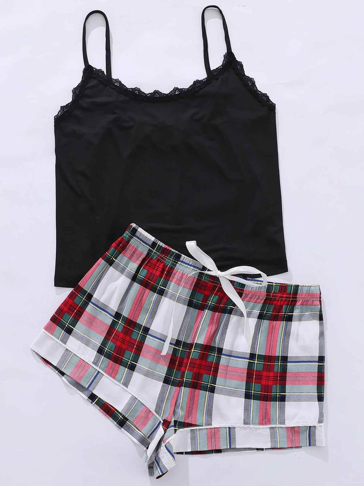 Plus Size Lace Trim Scoop Neck Cami and Printed Shorts Pajama Set - GiFTiFY