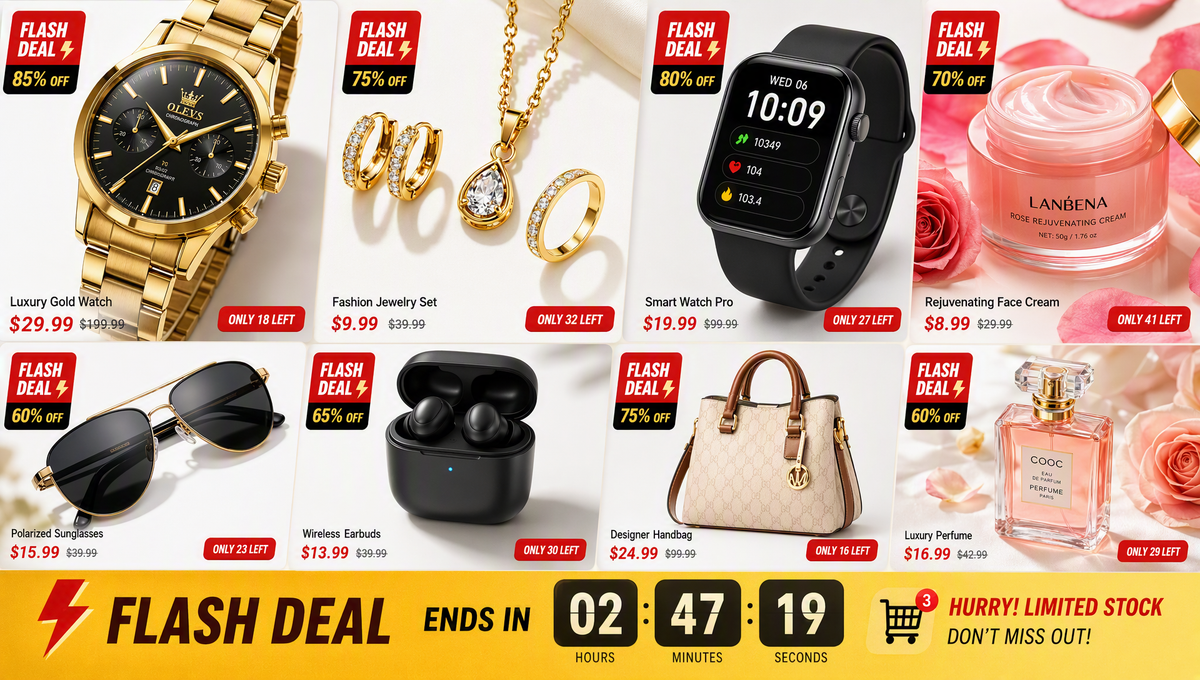 High-contrast display of flash-deal lifestyle products — watches, jewelry, and tech gadgets — with limited-stock urgency cues