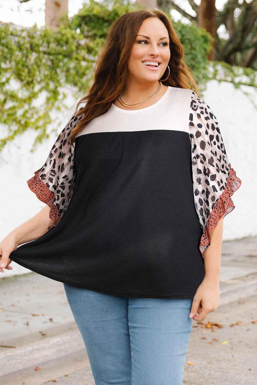 Plus Size Printed Color Block Ruffled Blouse - GiFTiFY