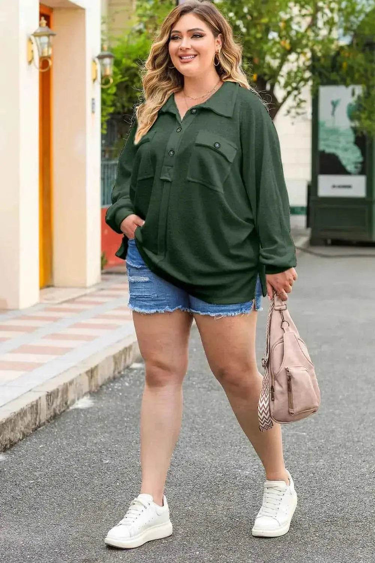 Plus Size Half Button Collared Neck Long Sleeve Blouse - GiFTiFY