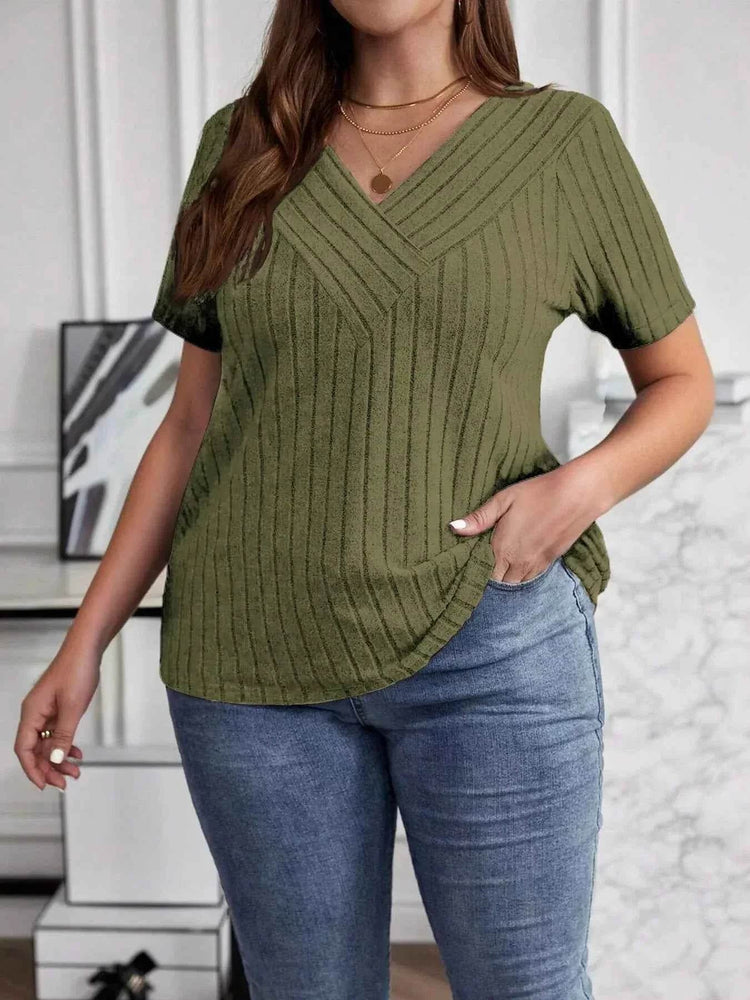 Plus Size V-Neck Short Sleeve Ribbed T-Shirt - GiFTiFY