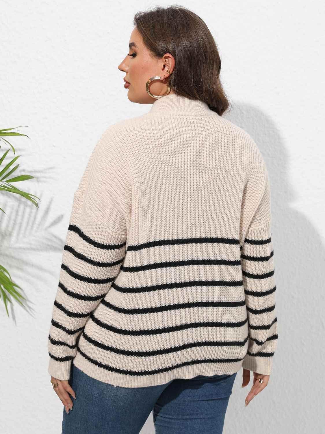 Plus Size Zip-Up Striped Sweater - GiFTiFY