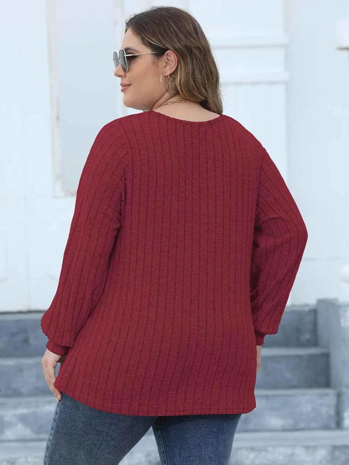 Plus Size Ribbed V-Neck Long Sleeve Top - GiFTiFY