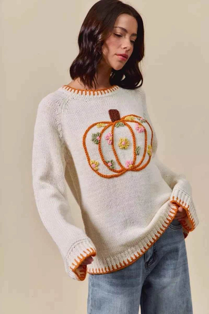 SO ME Pumpkin Floral Embroidered Thanksgiving Sweater - GiFTiFY