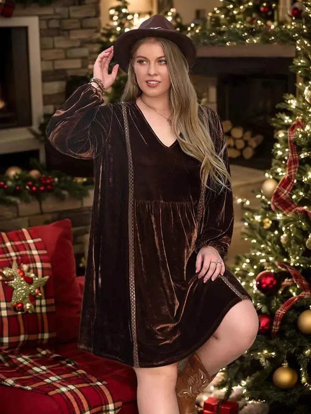 Plus Size V-Neck Balloon Sleeves Dress - GiFTiFY