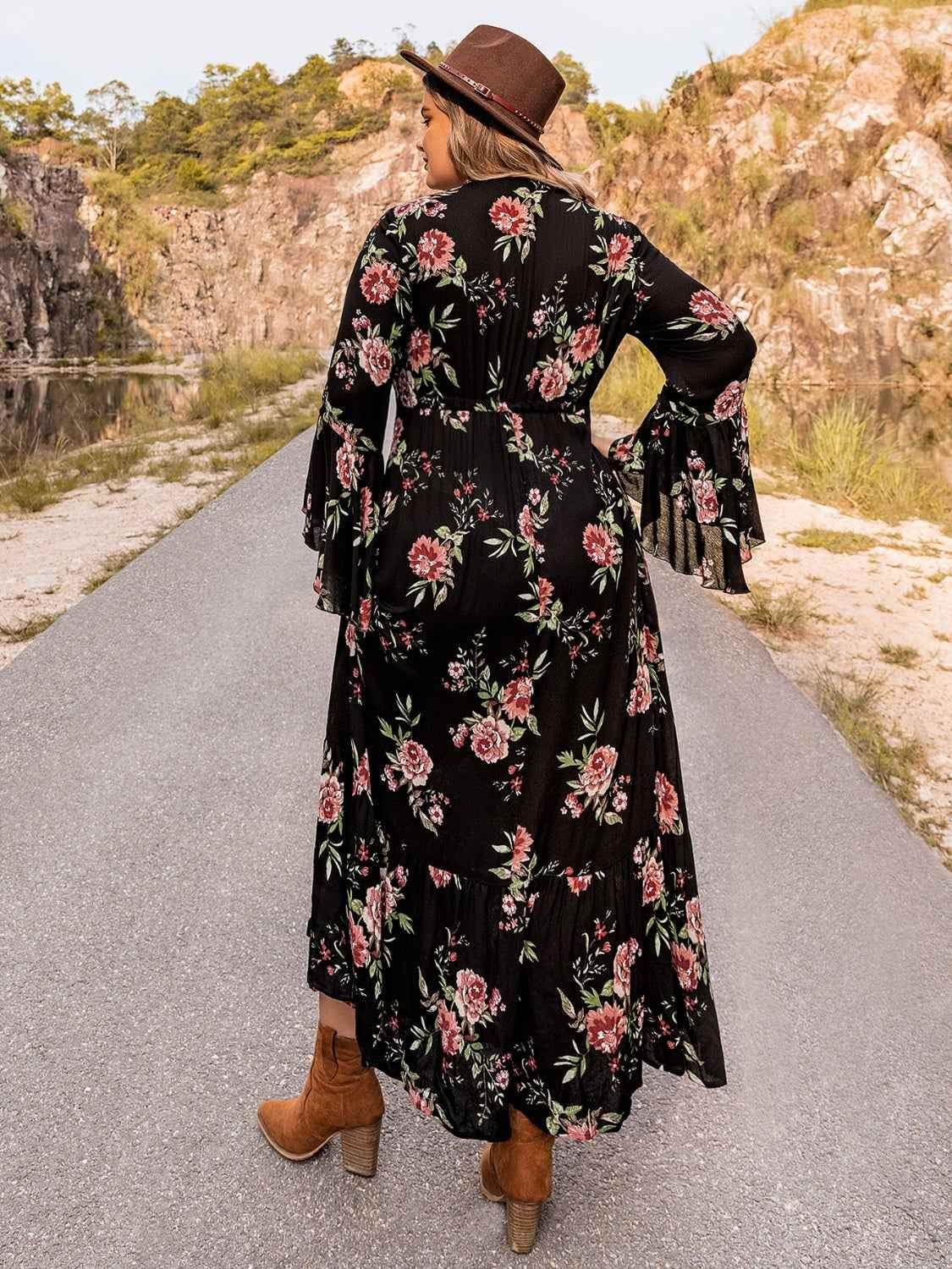 Plus Size Floral Flare Sleeve Dress - GiFTiFY